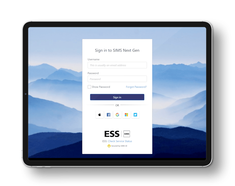 Sign in to SIMS Next Gen on a tablet